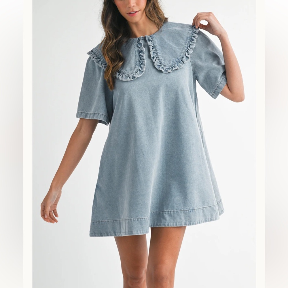 Amable by Mable Peter Pan collared light Wash denim mini dress shirt sleeve Sz S - Picture 2 of 15